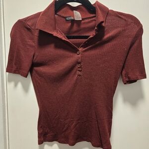 H&M Short Sleeve Ribbed Polo Top - Burgundy